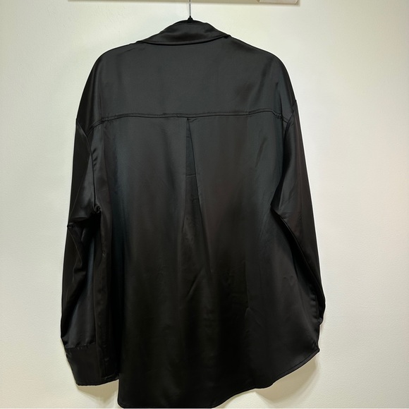 Brunette The Label | Black Silky Satin Long Sleeve Button-Up Shirt - Picture 6 of 10